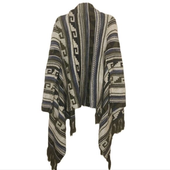 J Jill Aztec Print Fringe Sweater Open Waterfall Cardigan Wool Mohair M - Picture 4 of 5